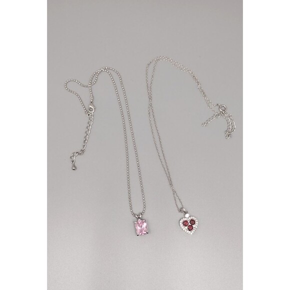 Lot 2 Rhinestone Necklace Charm Silver Tone Pink Red Heart Rectangle Birthstone - Picture 1 of 6
